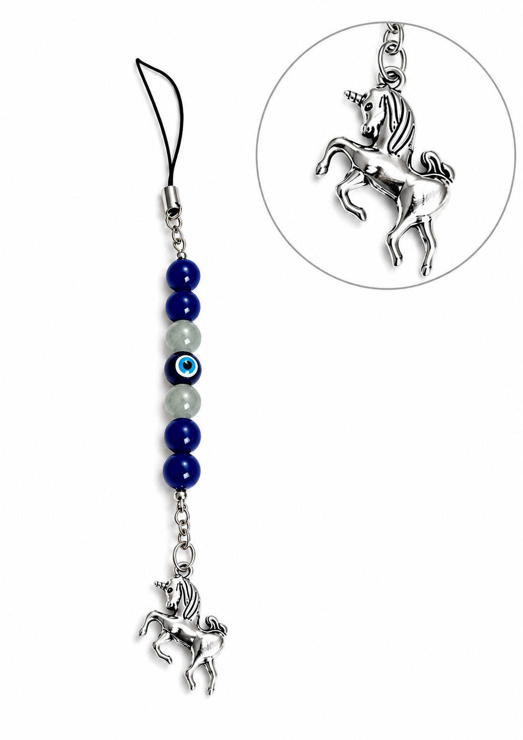Evil Eye Beaded Phone Charm with Unicorn Pendant