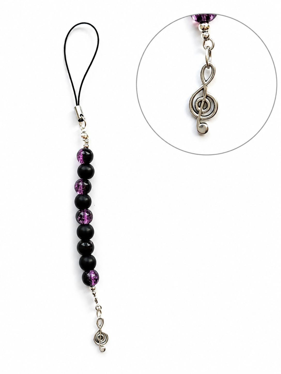Black & Purple Beaded Phone Charm with Silver Music Note Pendant