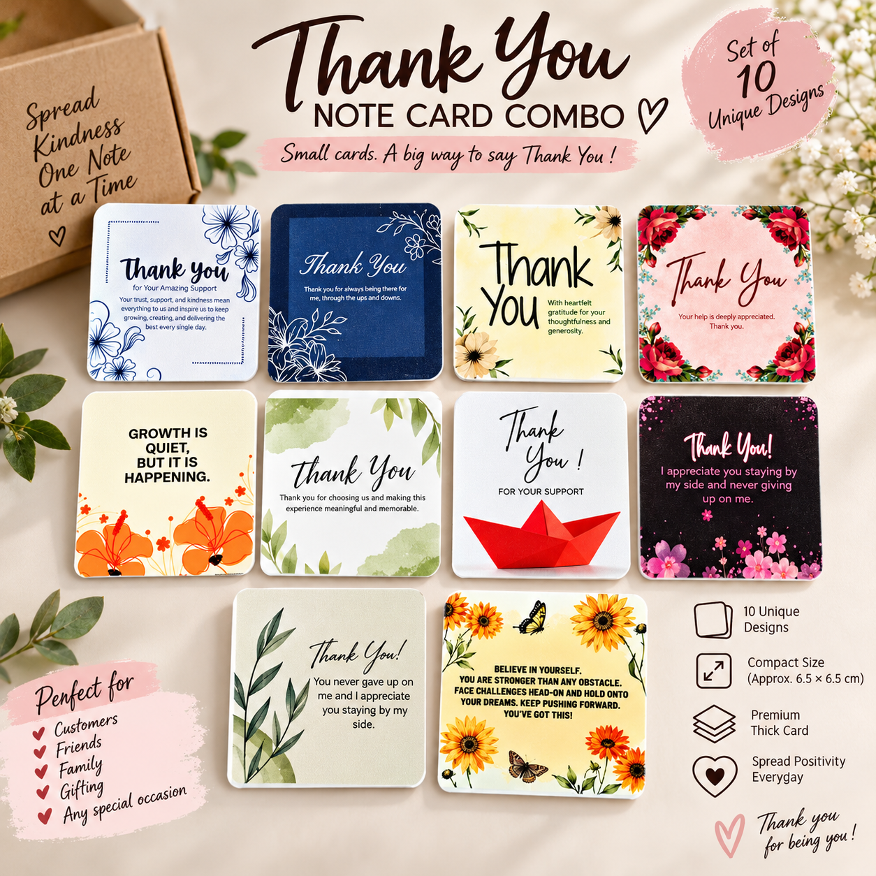 Thank You Note Cards – Set of 10 Unique Designs