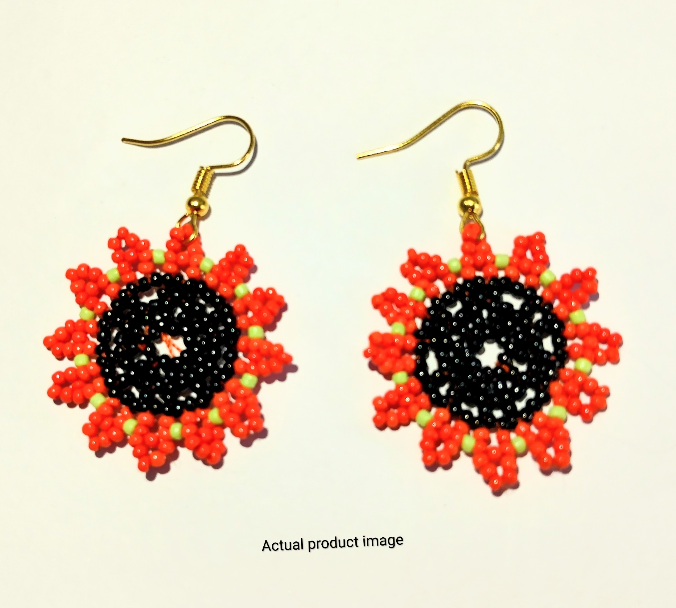 Beaded Floral Earrings – Red, Black & Green