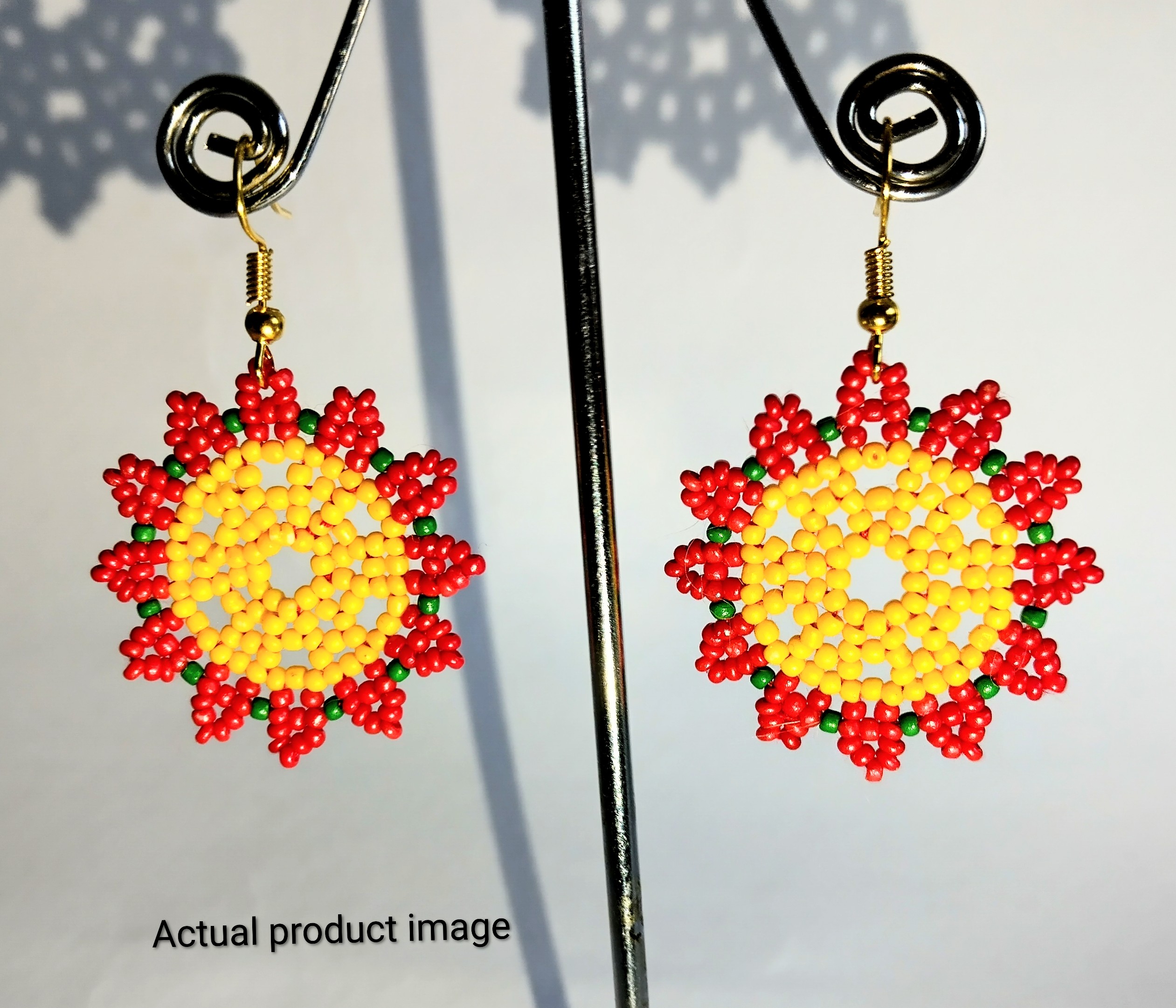 Beaded Floral Earrings – Red, Yellow & Green
