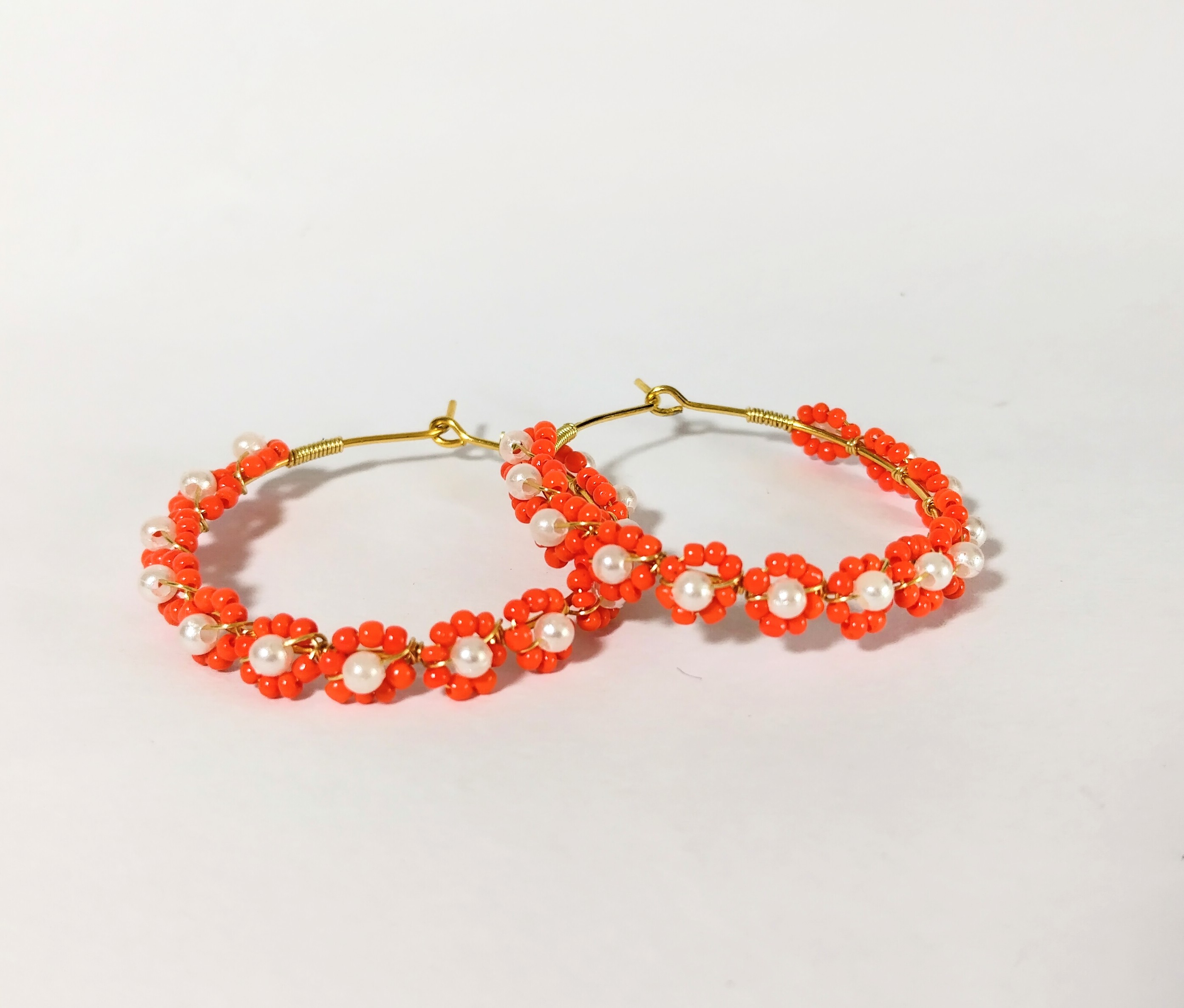 Handmade Orange Floral Beaded Hoop Earrings